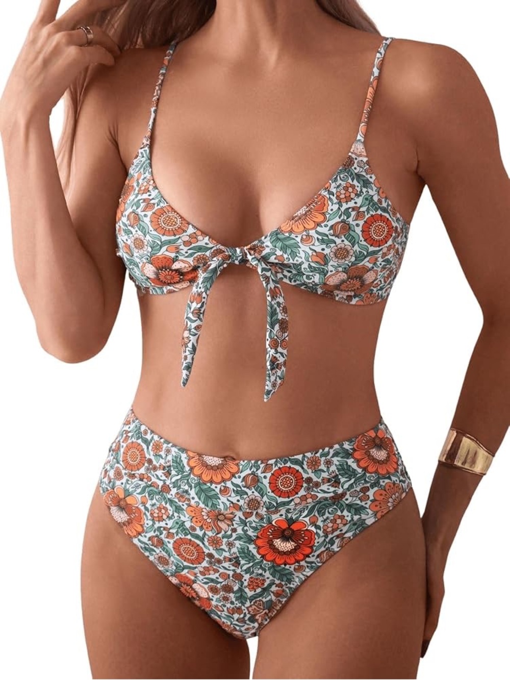New Without Tags Floral Tie-Front Bikini Set - Orange & Green Size Medium